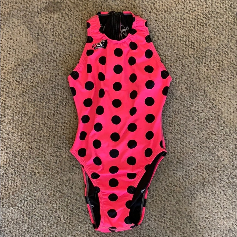 Water polo swimsuit.Hot pink with black polka dots